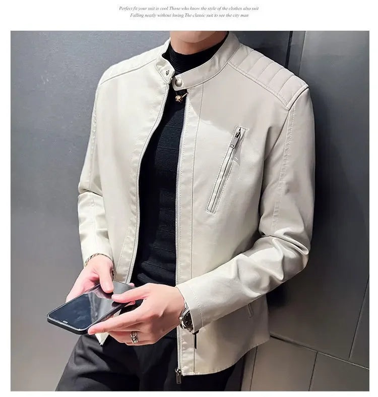 Spring and Autumn Men's Motorcycle Leather Jacket Casual Stand Collar Solid Color White Black Leather Jacket Zip Up PU Coat