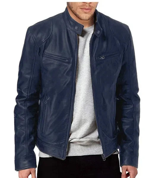 2024 Fashion Mens Leather Jacket Slim Fit Stand Collar PU Jacket Male Anti-wind Motorcycle Lapel Diagonal Zipper Jackets Spring