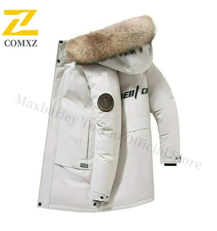 COMXZ Men Puffer Jacket Luxury Mao Collar Hooded Outdoor Office Thickened Parka Casual Travel Windproof Winter Long Puffer Coat