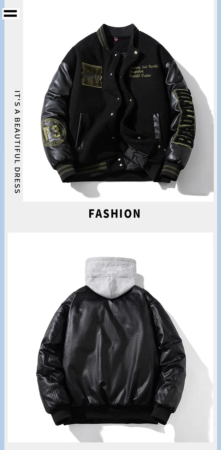 Winter Varsity Jacket Man Leather Sleeves Letter Embroidery Jacket Racing Motorcycle Woolen Coat Button Thick Warm Cool Original
