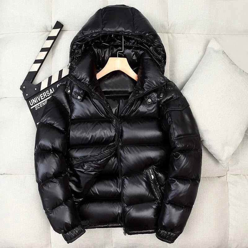 New Winter Men Black Shiny Puffer Jackets Hooded Casual Duck Down Coats High Quality Male Outdoor Windproof Warm Jackets Size 4X