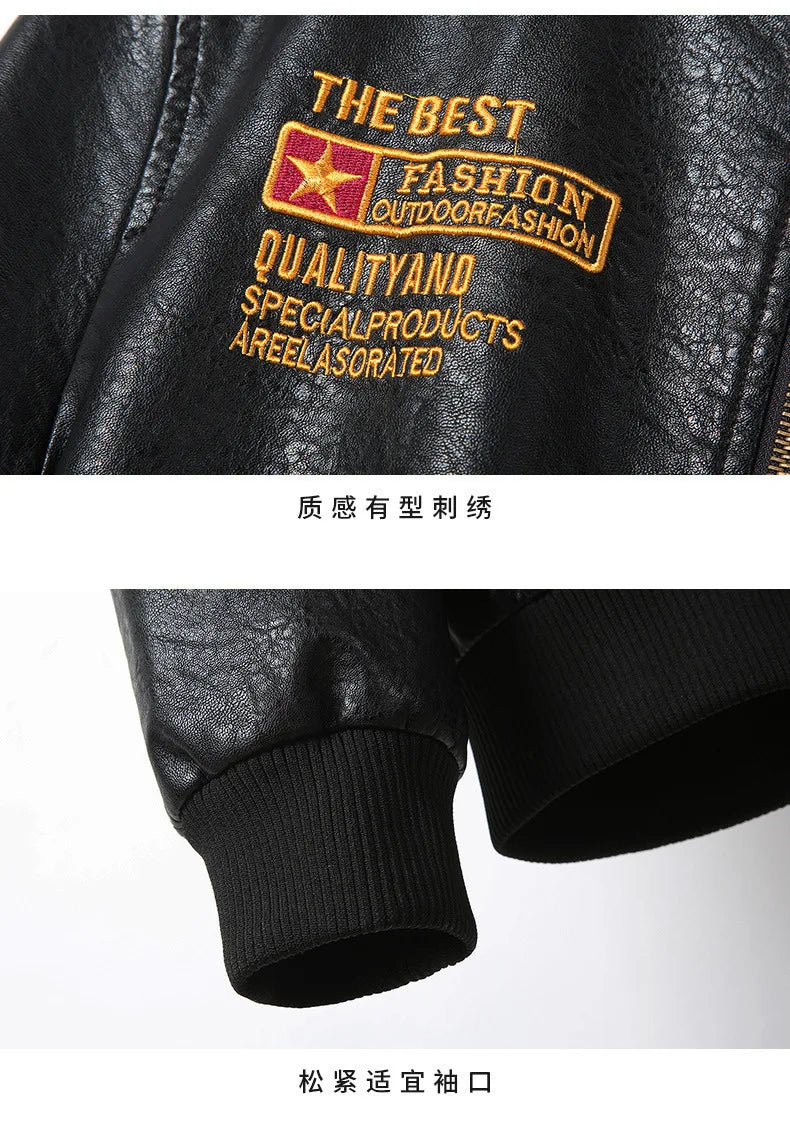 2025 Spring  Autumn Coffee V-neck  Embroidered PU Leather Motorcycle Jacket for Men,Army Green Washed Men's Workwear PU Jackets