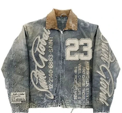 Street Style American Y2K Retro Rivet Leather Jacket Mens Letter Embroidered Hollow Oversized Coat Punk Rock Motorcycle Clothing