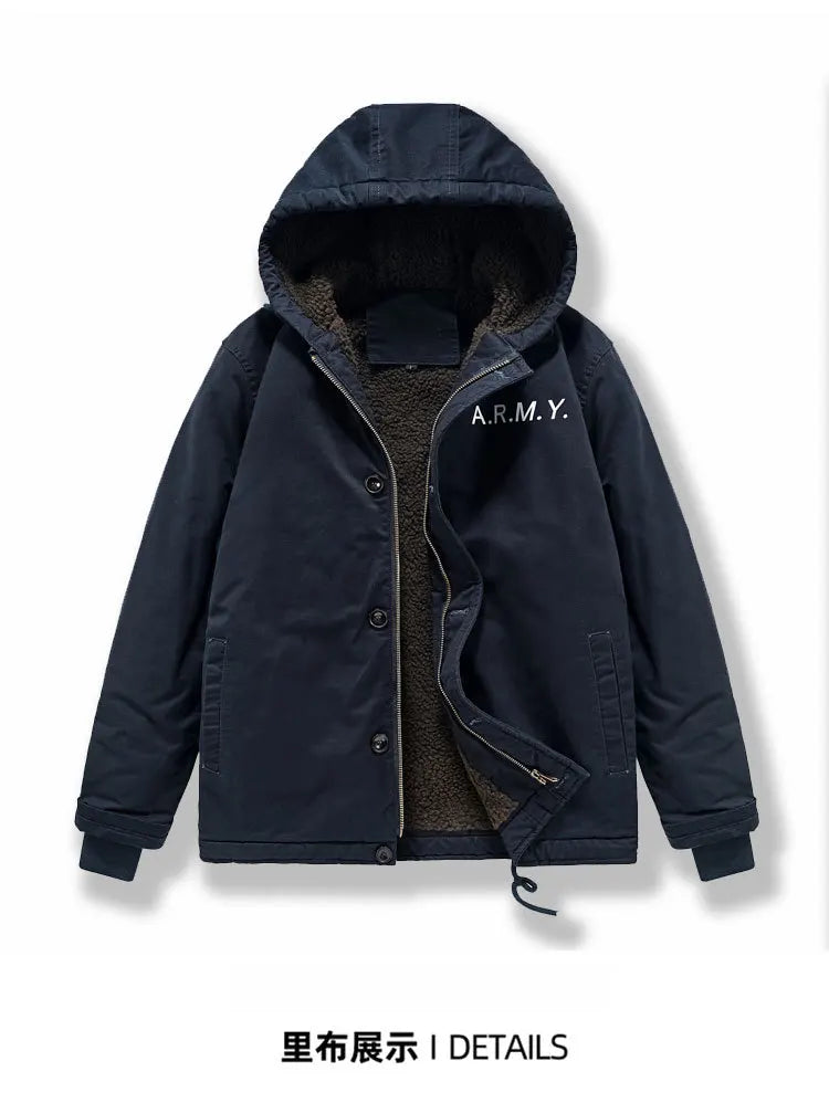 2025 New High-quality fall/winter outerwear men's outdoor casual windproof hooded pullover loose fleece work jacket male