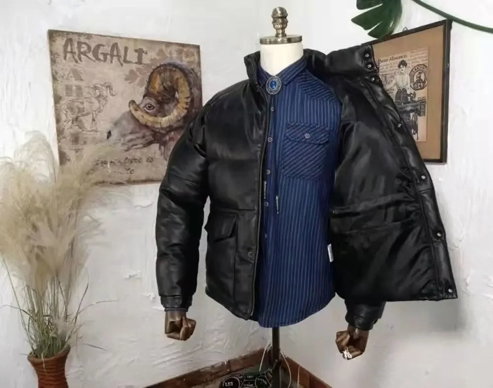 Cowhide Genuine Leather Duck Down Puffer Jacket Man Short Slim Fit Winter Fluffy Thickened Warm Leather Down Jacket Men Korean