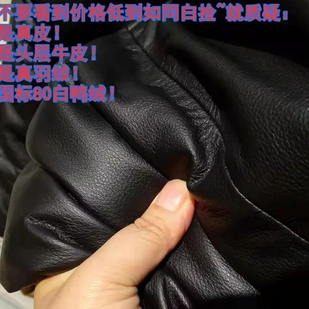 Cowhide Genuine Leather Duck Down Puffer Jacket Man Short Slim Fit Winter Fluffy Thickened Warm Leather Down Jacket Men Korean