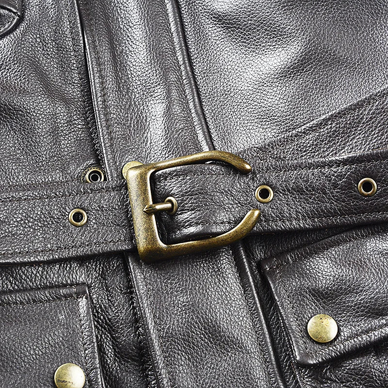 Brown Autumn Leather Jacket Men Safari Style Four Pockets Plus Size 5XL Natural Cowhide M65 Belt Genuine Leather Coat