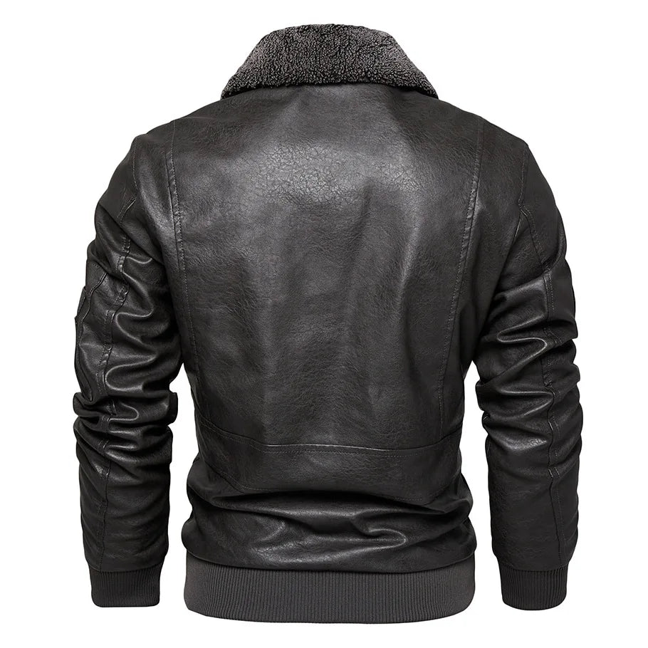 Business Slim fit Leather Bomber Jacket Men Slim Leather Flight Jacket Black Pilot Coat High Quality Man Fur collar Warm Jackets