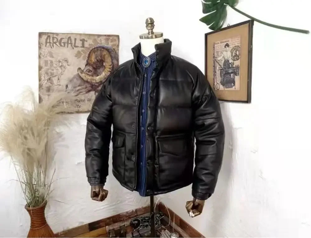 Cowhide Genuine Leather Duck Down Puffer Jacket Man Short Slim Fit Winter Fluffy Thickened Warm Leather Down Jacket Men Korean