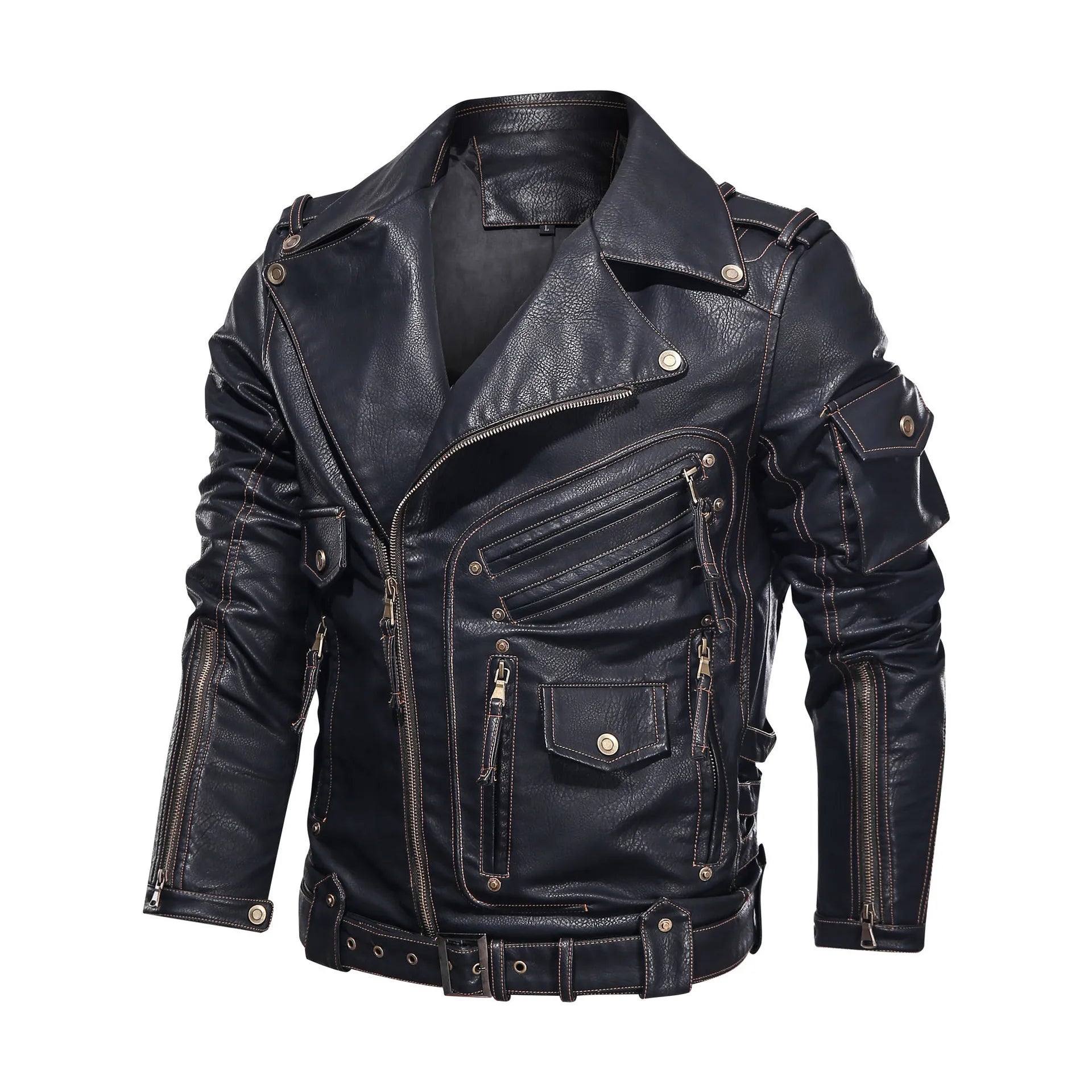 Winter Motorcycle PU Leather Jacket Fashion Cool Zipper Pockets Leather Coats Men Fashion Winter Clothing Mens Leather Jacket