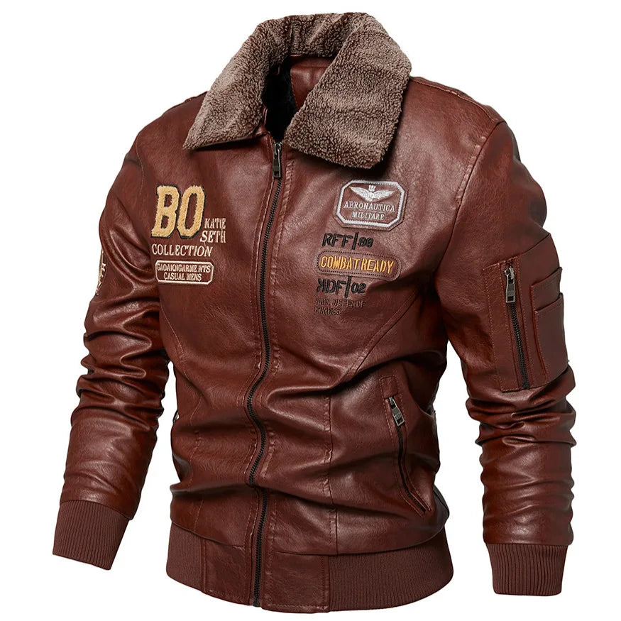 Business Slim fit Leather Bomber Jacket Men Slim Leather Flight Jacket Black Pilot Coat High Quality Man Fur collar Warm Jackets
