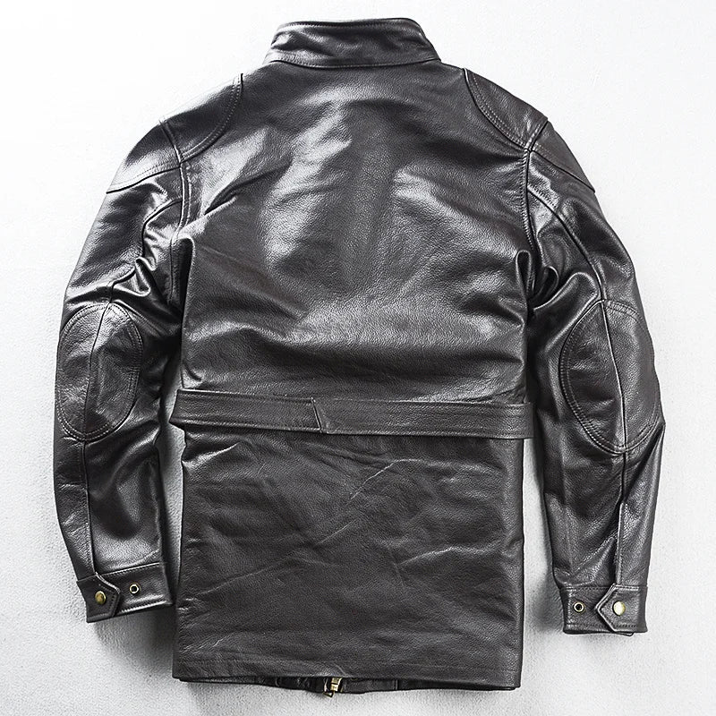 Brown Autumn Leather Jacket Men Safari Style Four Pockets Plus Size 5XL Natural Cowhide M65 Belt Genuine Leather Coat