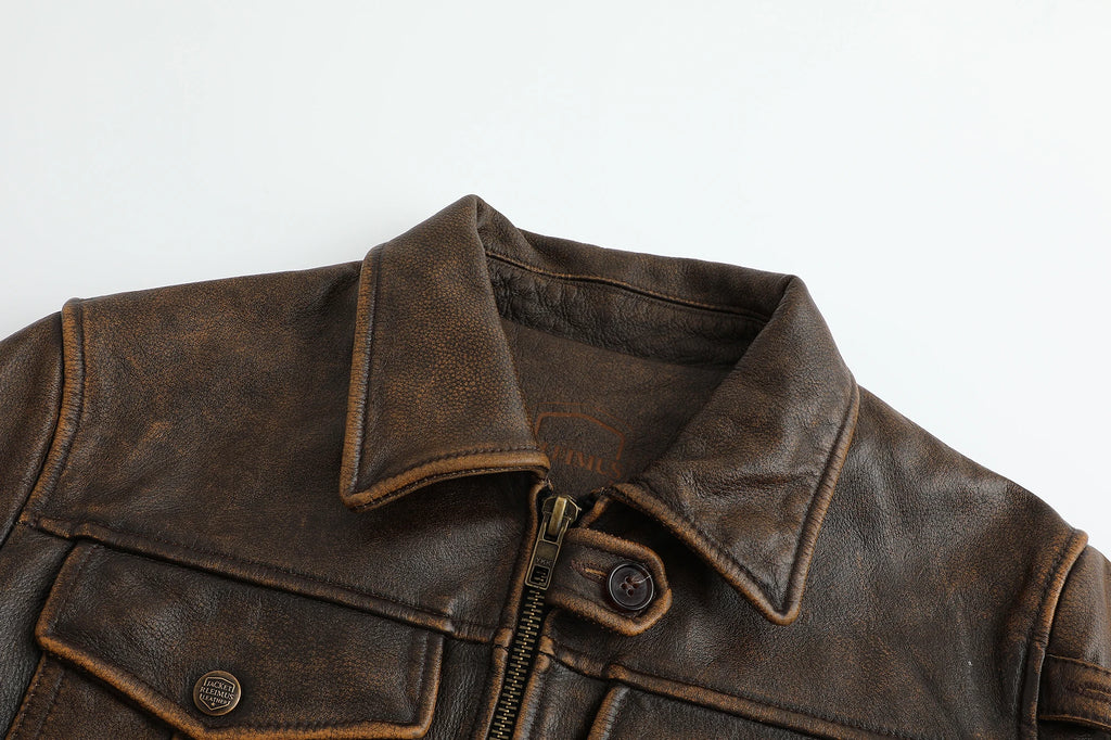 New Top-Layer Cowhide Leather Jacket Men's Four Seasons Motorcycle Leather Jacket Slim-Fit Lapel Multi-Pocket Jacket