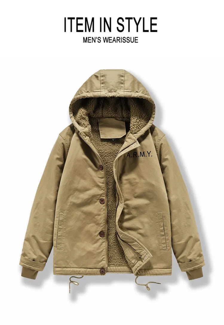 2025 New High-quality fall/winter outerwear men's outdoor casual windproof hooded pullover loose fleece work jacket male