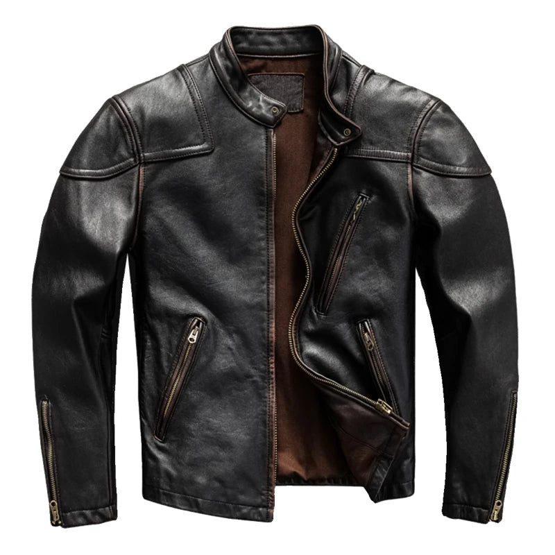 Vintage Black Autumn Leather Jacket Men Stand Collar Plus Size 5XL Natural Cowhide Slim Fit Short Genuine Leather Coat
