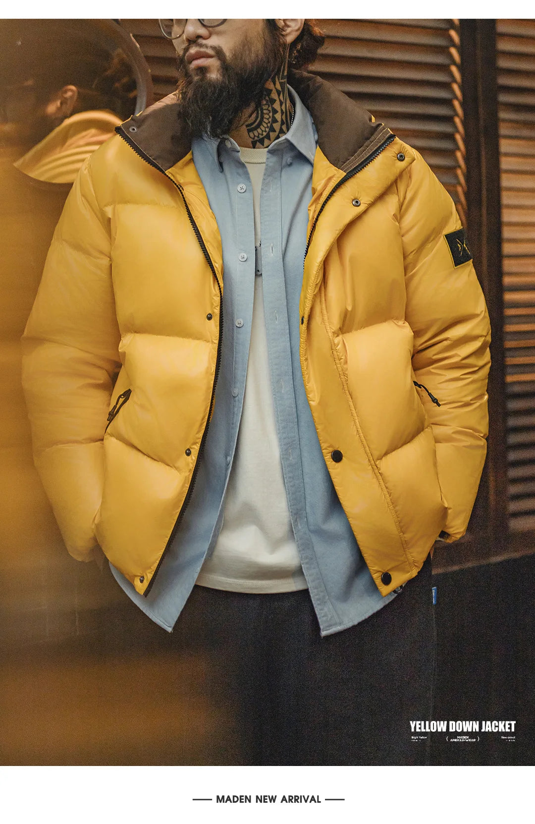 Maden Casual 90% White Duck Down Jacket Yellow Stand Collar Warm Jacket Versatile Puffer Coat for Men Fall and Winter Outerwear