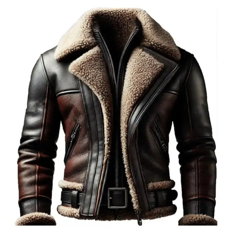 2025 New Men's Warm Contrast Color Leather Coat, Winter Faux Fur Lined Stand Collar Long Sleeve Jacket, Vintage Biker Style Oute