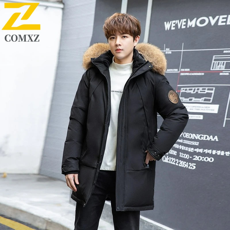 COMXZ Men Puffer Jacket Luxury Mao Collar Hooded Outdoor Office Thickened Parka Casual Travel Windproof Winter Long Puffer Coat