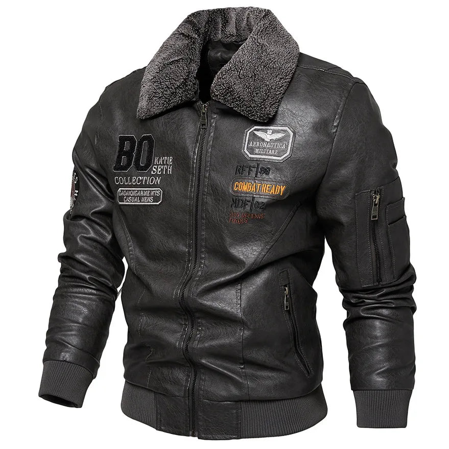 Business Slim fit Leather Bomber Jacket Men Slim Leather Flight Jacket Black Pilot Coat High Quality Man Fur collar Warm Jackets