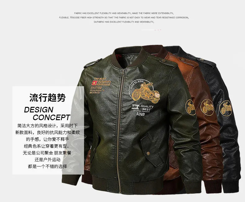 2025 Spring  Autumn Coffee V-neck  Embroidered PU Leather Motorcycle Jacket for Men,Army Green Washed Men's Workwear PU Jackets