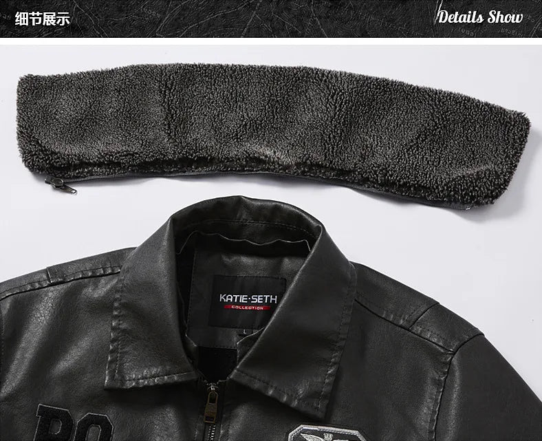 Business Slim fit Leather Bomber Jacket Men Slim Leather Flight Jacket Black Pilot Coat High Quality Man Fur collar Warm Jackets