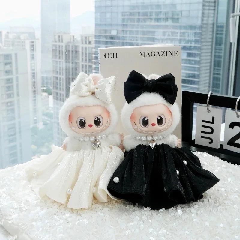 Bow Dress For 17cm Ropa Labubu Mini Doll Clothes Matching Pearl Hair Accessory Fahion Style Labubu V2/V3 Themed Outfit