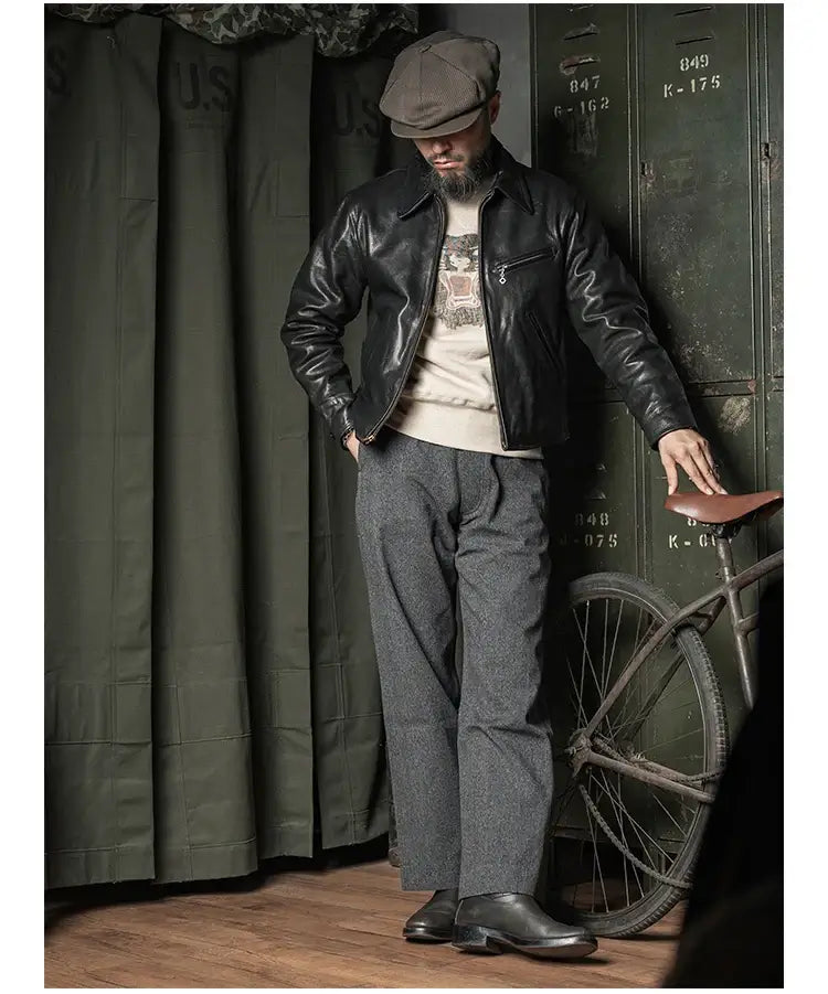 Rugged Bronson Goat Sheepskin Leather Jacket Genuine Leather Jacket 1930s Vintage Short Leather Coat