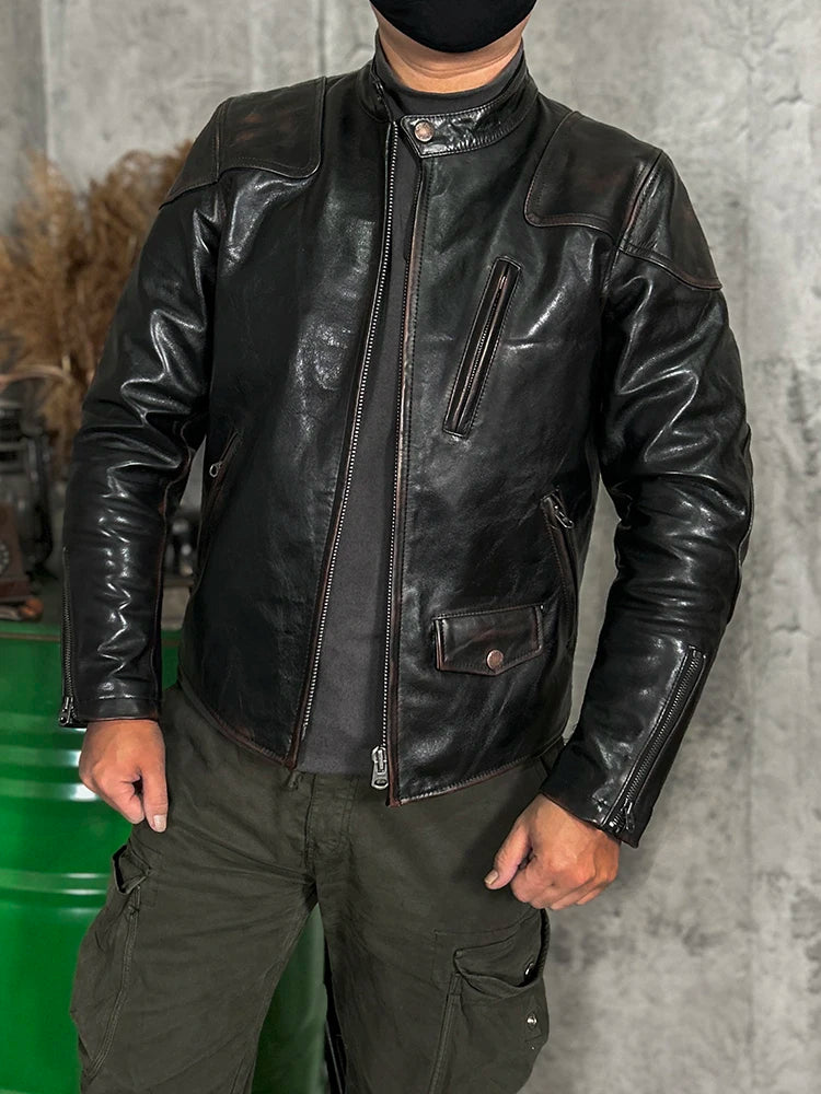 Vintage Black Autumn Leather Jacket Men Stand Collar Plus Size 5XL Natural Cowhide Slim Fit Short Genuine Leather Coat