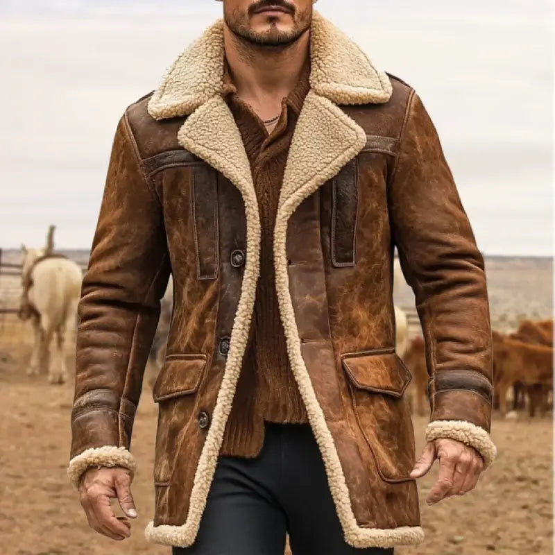 Men's Vintage Suede Leather Patchwork Outdoor Jacket, Lamb Shearling Fleece Lined Reverse Collar Coat with Multiple Pockets