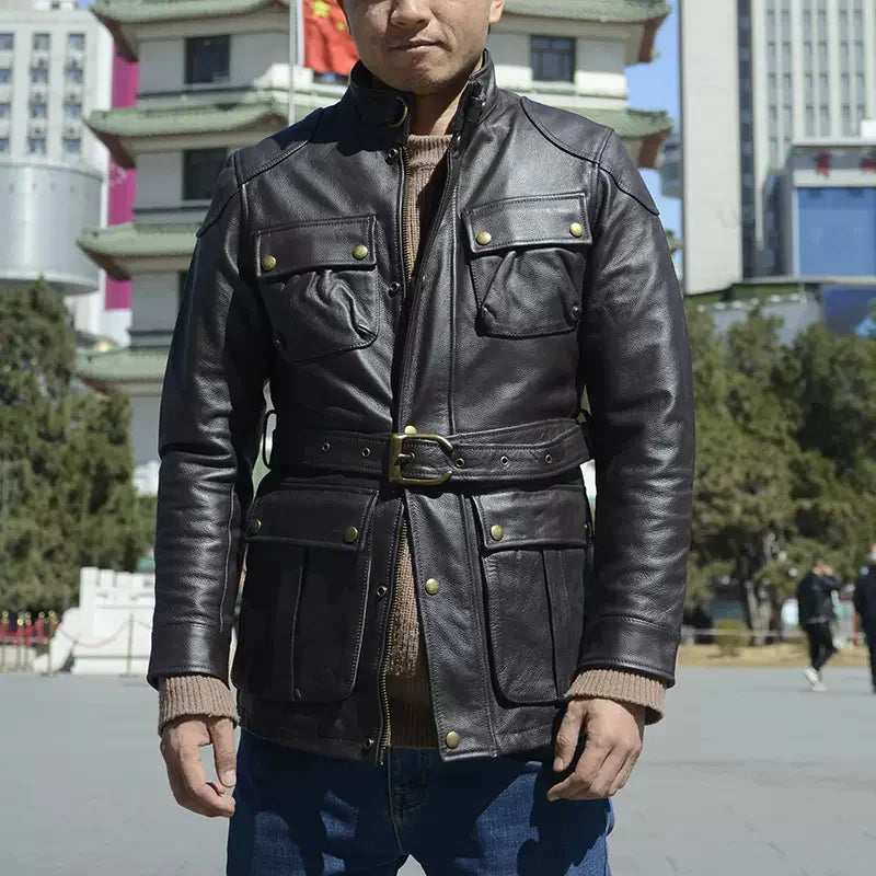 Brown Autumn Leather Jacket Men Safari Style Four Pockets Plus Size 5XL Natural Cowhide M65 Belt Genuine Leather Coat