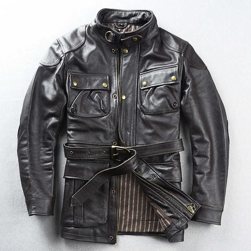 Brown Autumn Leather Jacket Men Safari Style Four Pockets Plus Size 5XL Natural Cowhide M65 Belt Genuine Leather Coat