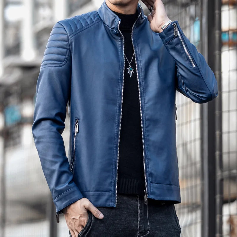 Motorcycle PU Leather Jacket Men Winter Leahter Jacket Male Stand Collar Casual Windbreaker trendy mens clothing black blue coat