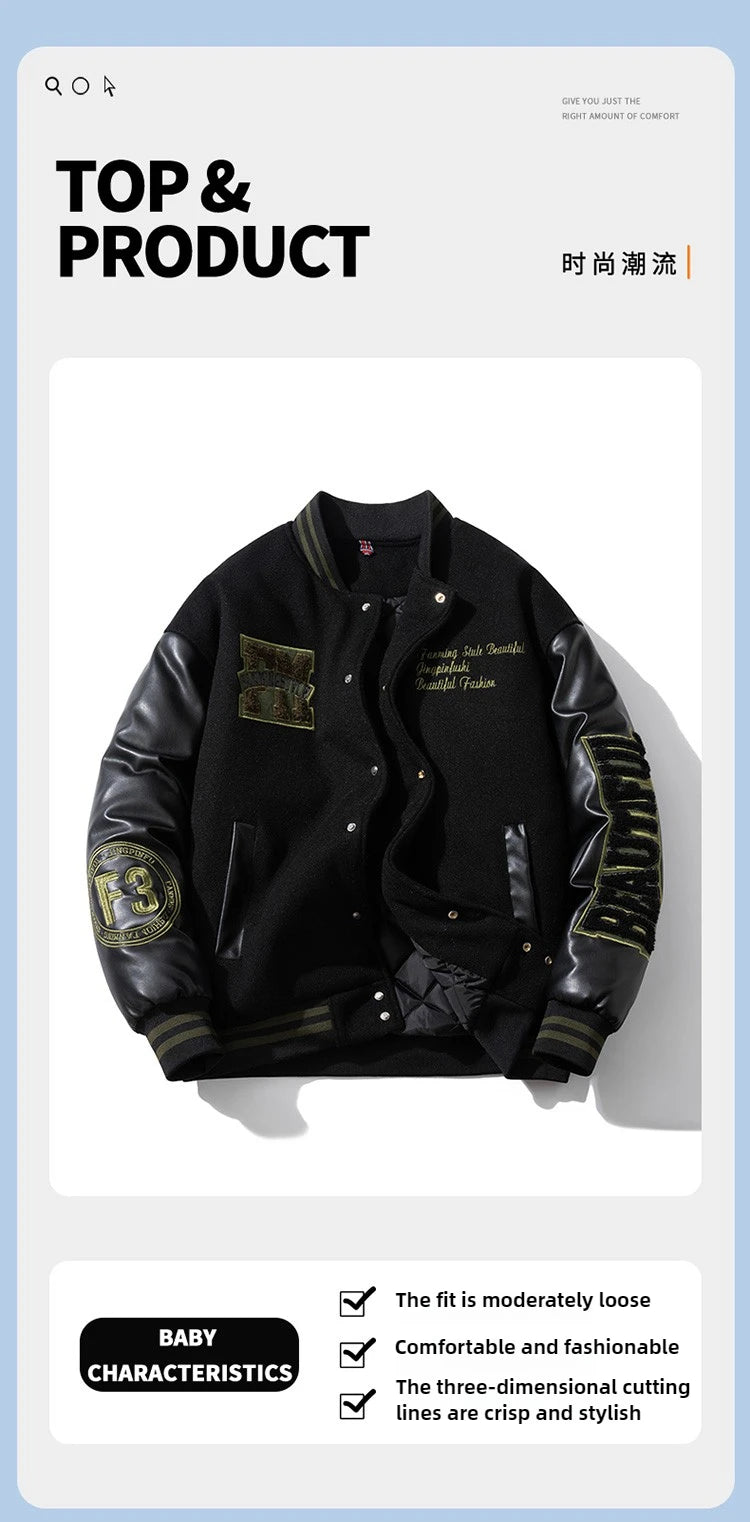 Winter Varsity Jacket Man Leather Sleeves Letter Embroidery Jacket Racing Motorcycle Woolen Coat Button Thick Warm Cool Original