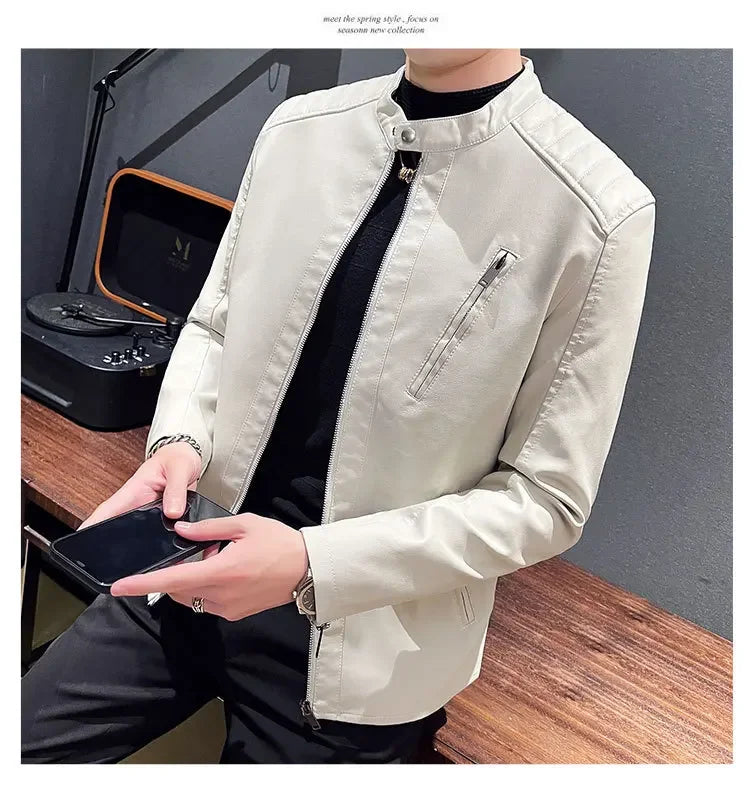 Spring and Autumn Men's Motorcycle Leather Jacket Casual Stand Collar Solid Color White Black Leather Jacket Zip Up PU Coat