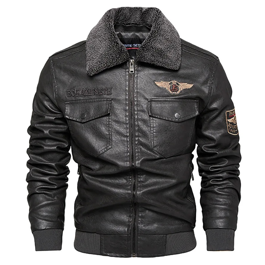 Fleece Fur Collar Windbreaker Coat Male Pu Jacket Men Thick Warm Cashmere Military Bomber Tactical Leather Jackets Mens Outwear