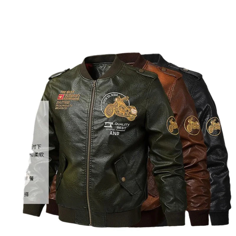 2025 Spring  Autumn Coffee V-neck  Embroidered PU Leather Motorcycle Jacket for Men,Army Green Washed Men's Workwear PU Jackets