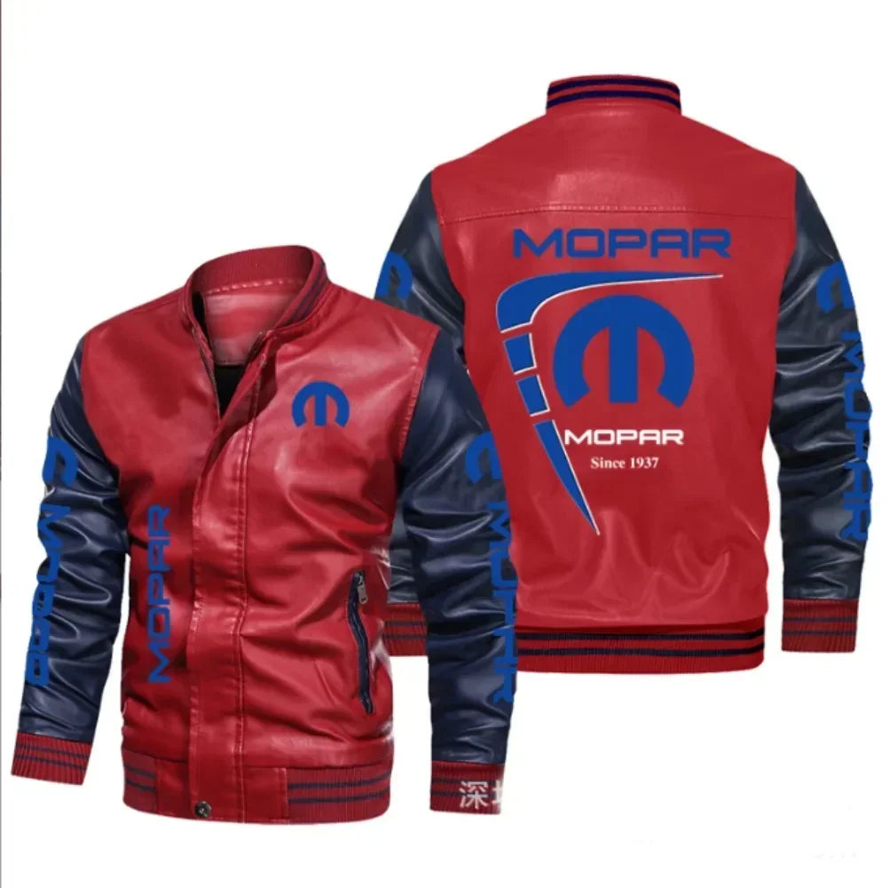 New Men's PU Leather Winter Mopar Logo Fashion Motorcycle Bomber Zipper Jacket Outwear Keep Warm Male Coat