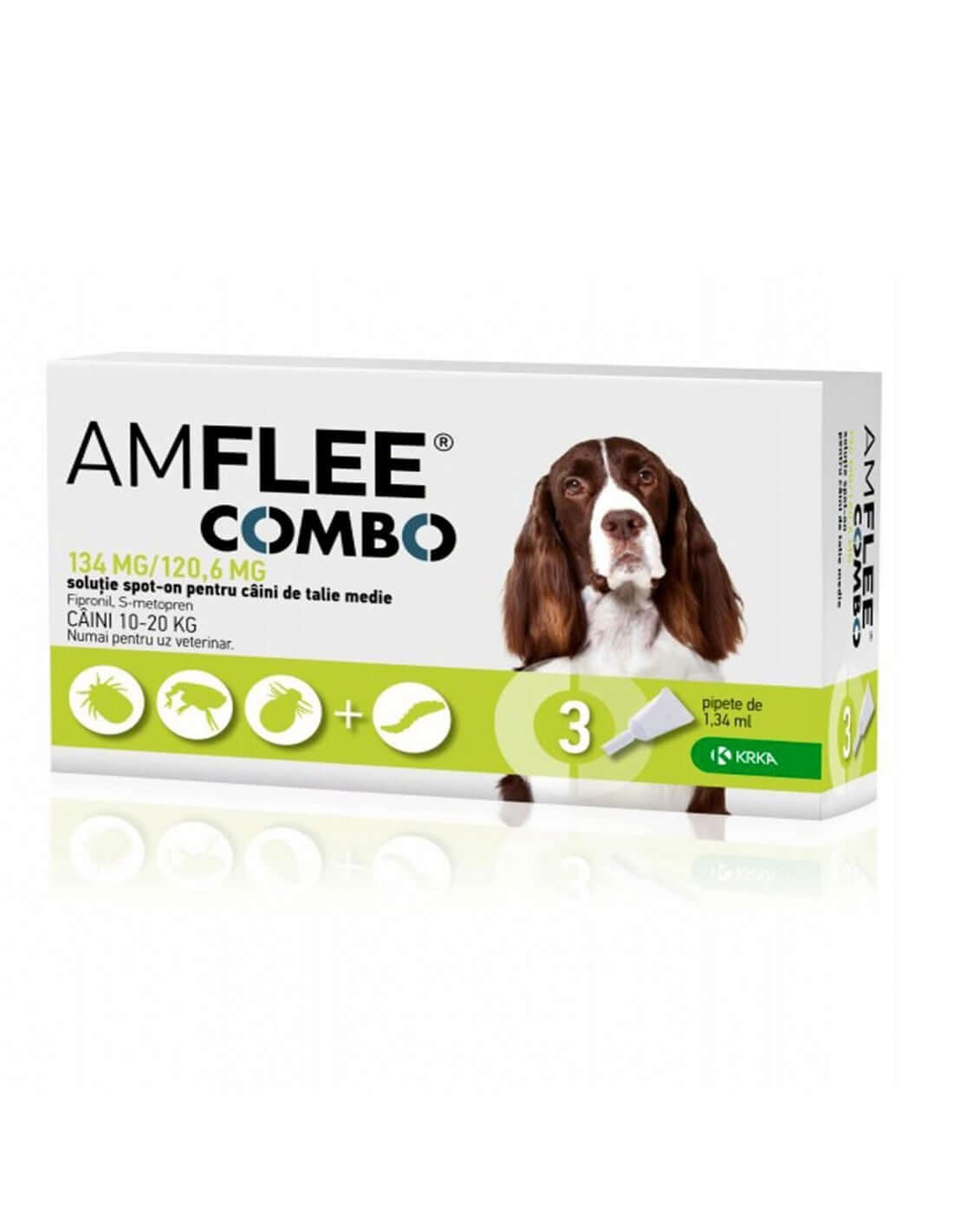 AMFLEE COMBO Dog Treatment for Fleas and Ticks 134mg for dogs 10-20kg, pack of 3 pipets.