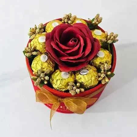 FLORAL ARRANGEMENT Soap Rose & Ferrero Rocher - Red Velvet Box