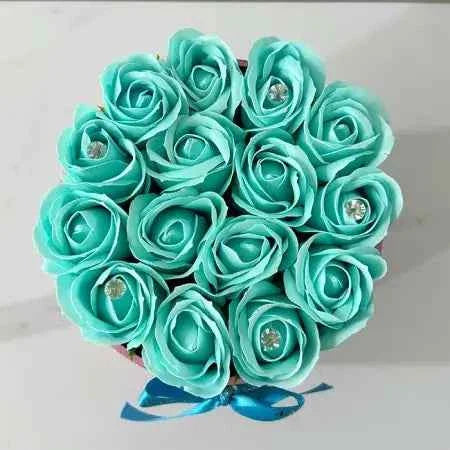 Elegant Floral Arrangement: 15 Handmade Soap Roses in Pink Velvet Box