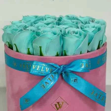 Elegant Floral Arrangement: 15 Handmade Soap Roses in Pink Velvet Box