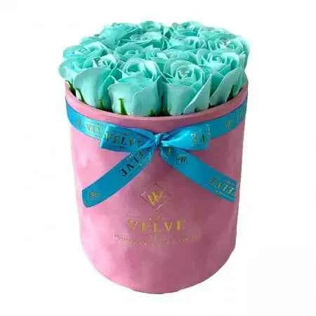 Elegant Floral Arrangement: 15 Handmade Soap Roses in Pink Velvet Box