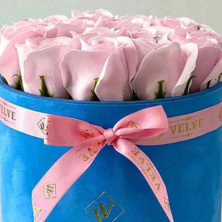 Handmade Floral Arrangement: 15 Soap Roses in Blue Velvet Box