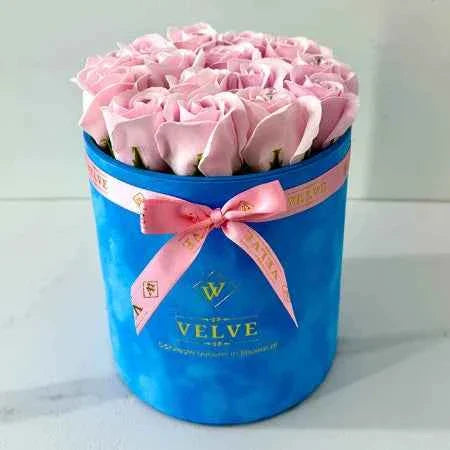 Handmade Floral Arrangement: 15 Soap Roses in Blue Velvet Box