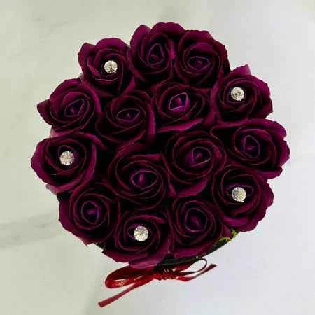 Exquisite Floral Arrangement: Handmade Soap Roses in Black Velvet Box