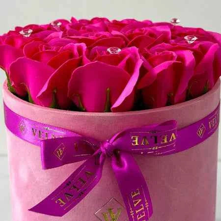 Vibrant Floral Arrangement: Handmade Soap Roses in Pink Velvet Box