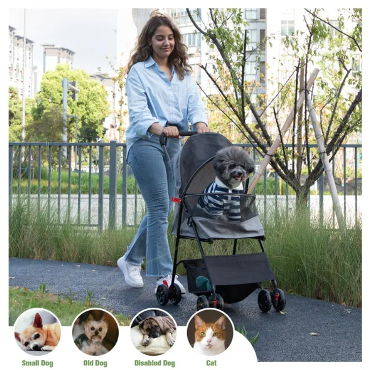 Foldable Pet Stroller, Small Dog Cat Stroller With Storage Basket For Small Puppies, Gray And Black - MAYONAL STORE