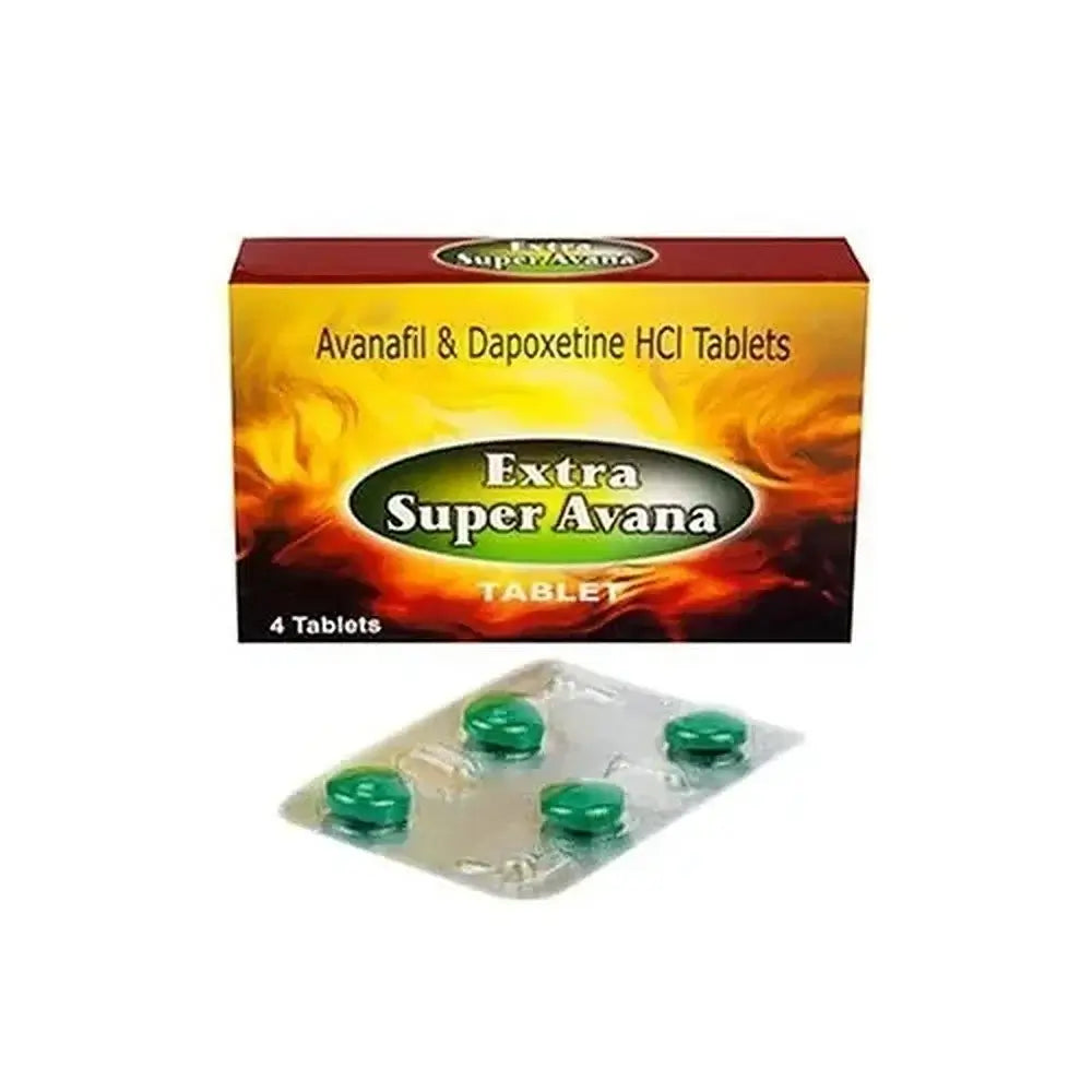 Extra Super Avana – 4 Tablets for Men’s Wellness packaging with tablets displayed, designed for men's health support.
