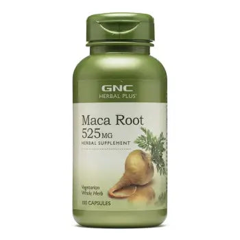 GNC Herbal Plus Maca Root 525 mg supplement bottle with 100 vegetarian capsules for energy and reproductive health.