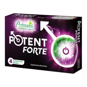 Packaging of Naturalis Potent Forte dietary supplement featuring 4 tablets for men's potency and prostate health.